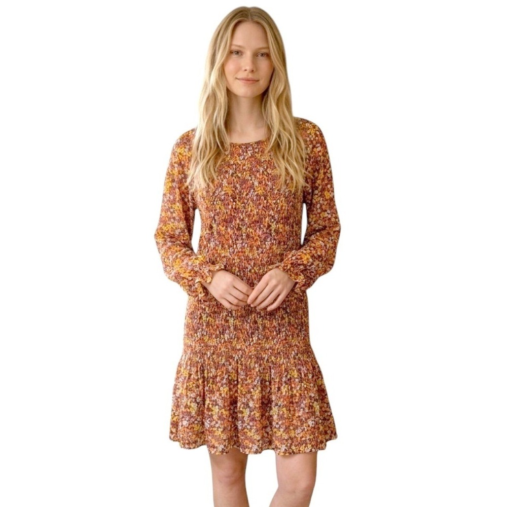Black Tape Cottagecore Floral Dress Smocked Orange Yellow Tiered Peasant Size M